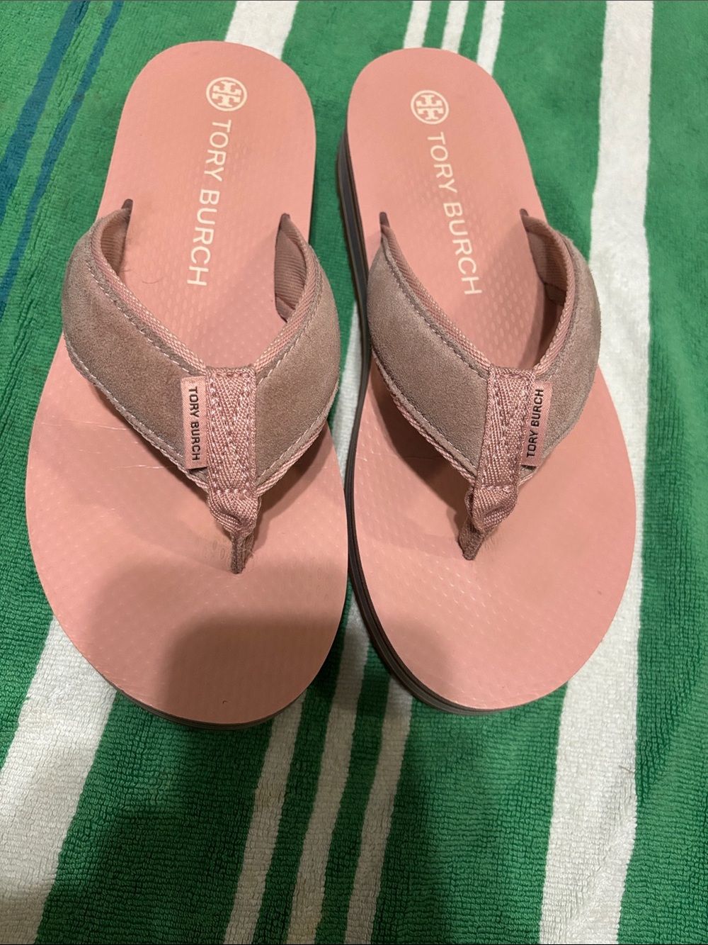 Tory Burch Rose Pink Suede-Trim Flip Flop Sandals